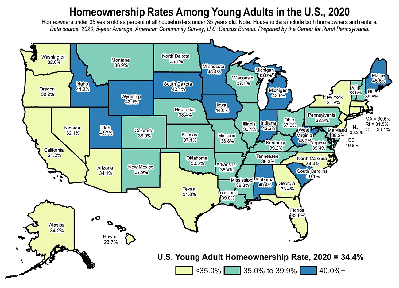 Map showing young adult homeownership rates in the U.S. for 2020
